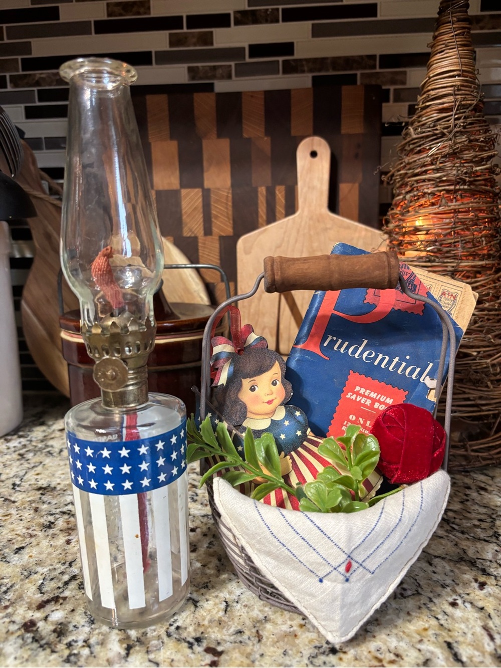 Patriotic Glass Oil Lamp w/ Star-Spangled Accent Vignette- Red White Blue July 4